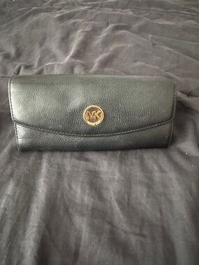 Michael Kors Black Leather Continental Wallet with Gold MK Emblem
